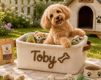 Custom Pet Toy Basket with Name, Personalized Corduroy Pet Toy Basket, Pet Storage Bin for Toys Treats & Accessories, Pet Lover Gift