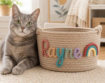 Personalized Pet Toy Basket, Custom Name Cotton Rope Storage Basket, Handmade Dog Toy Organizer, Pet Toy Storage Basket, Custom Dog Toy Gift