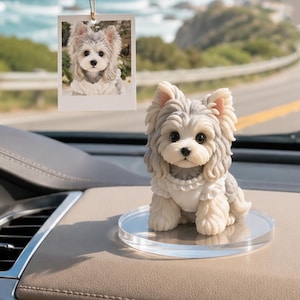 May include: A small, sculpted figurine of a Yorkshire Terrier with grey and cream fur, wearing a white ruffled collar, standing on a clear circular base. Above it hangs a square photo print of the same dog, suspended by a thin string.