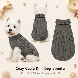 May include: A dark gray cable knit dog sweater with a ribbed turtleneck collar and hem. The sweater is shown on a white dog from the side and back, and also displayed separately. The text reads Cozy Cable Knit Dog Sweater Fall & Winter Warm Apparel.