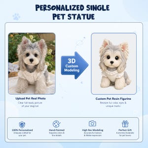 May include: A personalized single pet statue service featuring a side-by-side comparison of a real dog photo and a custom resin figurine. The graphic includes the text Personalized Single Pet Statue, 3D Custom Modeling, Upload Pet Real Photo, and Custom Pet Resin Figurine, along with icons for personalization, hand-painting, high-resolution modeling, and gift-giving.