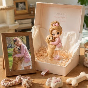 May include: A gift box containing a figurine of a person with blonde hair in a pink cardigan and white skirt hugging a golden retriever. The box lid interior reads YOU & ME Always Together. A framed photo of the same pair sits next to the box.