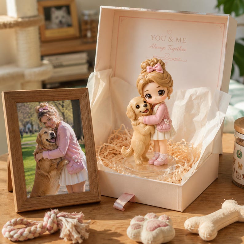 May include: A gift box containing a figurine of a person with blonde hair in a pink cardigan and white skirt hugging a golden retriever. The box lid interior reads YOU & ME Always Together. A framed photo of the same pair sits next to the box.