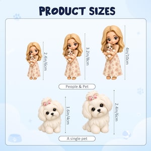 May include: A set of figurines showing product sizes. Top row: three blonde figures in floral dresses holding puppies, measuring 2.4 inches, 3.2 inches, and 4 inches. Bottom row: two white fluffy dogs with pink bows, measuring 1.6 inches and 2.4 inches.
