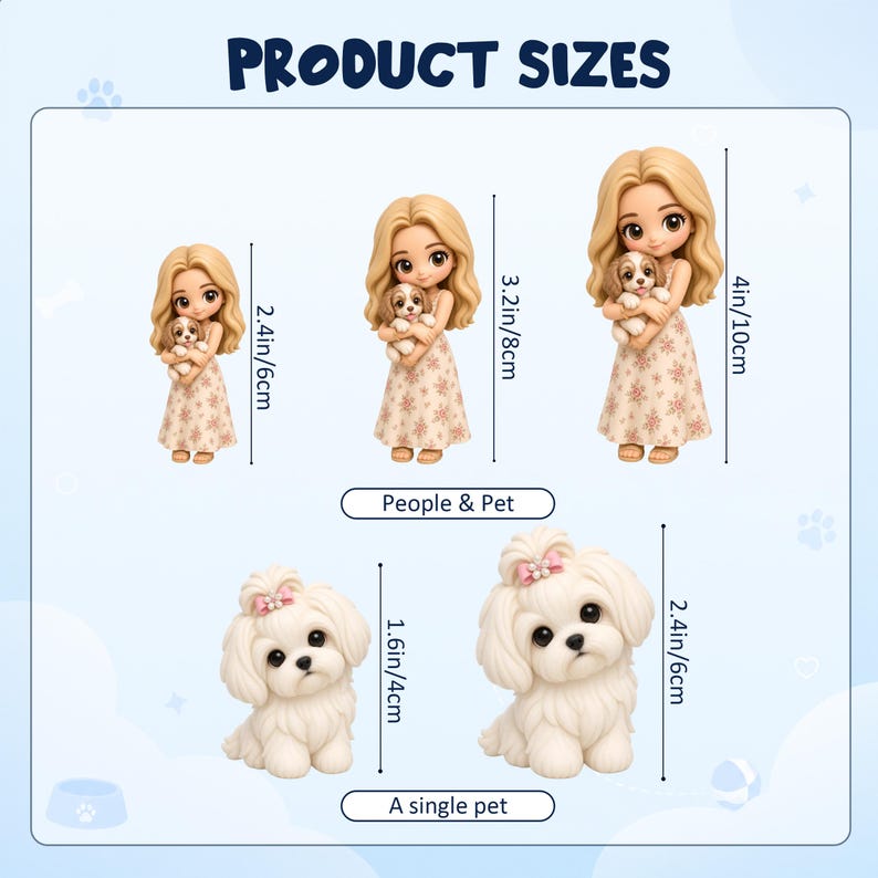 May include: A set of figurines showing product sizes. Top row: three blonde figures in floral dresses holding puppies, measuring 2.4 inches, 3.2 inches, and 4 inches. Bottom row: two white fluffy dogs with pink bows, measuring 1.6 inches and 2.4 inches.