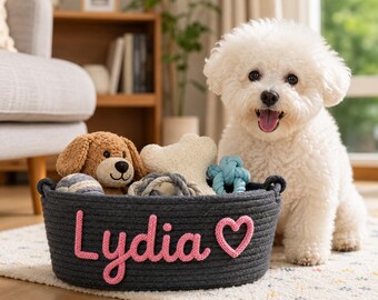 Personalized Pet Basket, Custom Woven Storage Basket with Name, Puppy Toy Box, Cozy Bed for Small Pets, Pet Accessories, Pet Name Gift