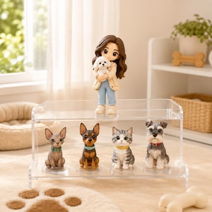 May include: A clear acrylic two-tier display stand holding a collection of five small figurines. The top tier features a girl holding a white puppy. The bottom tier displays a grey cat, a black and tan dog, a tabby cat, and a grey schnauzer.