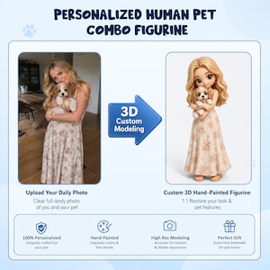 May include: A personalized human pet combo figurine featuring a 3D custom modeling process. The image displays a reference photo of a person holding a puppy next to a hand-painted figurine of the same pair, both wearing floral patterned clothing.