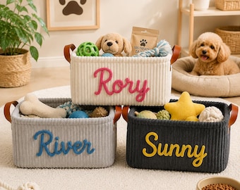 Personalized Dog Toy Basket, Corduroy Pet Organizer with Name, Custom Pet Storage Organizer Bin, Puppy Accessories, Pet Gift Basket