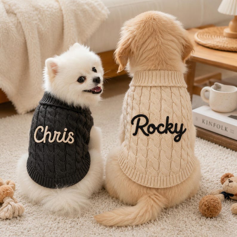 May include: Two dogs wearing cable-knit sweaters. The smaller white dog wears a dark charcoal sweater with the name Chris embroidered in white. The larger golden dog wears a cream-colored sweater with the name Rocky embroidered in black.