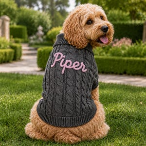 May include: A dark gray cable-knit dog sweater featuring a high collar and the name Piper embroidered in light pink script lettering across the back. The sweater has a ribbed hem and neckline, providing a textured look for a canine companion.