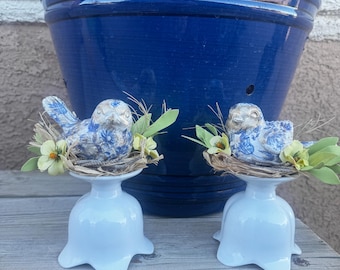 Handmade Blue White Bird Nest Pedestal Decor Set: Spring Floral Farmhouse Cottagecore