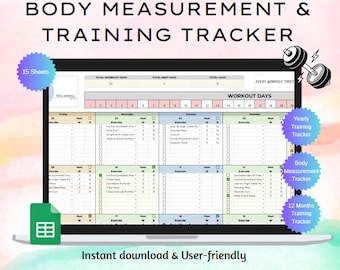 May include: A digital body measurement and training tracker displayed on a laptop screen. The screen shows a workout schedule with sections for exercises and rest days. The text on the screen reads "BODY MEASUREMENT & TRAINING TRACKER". The image also includes the text "Instant download & User-friendly".