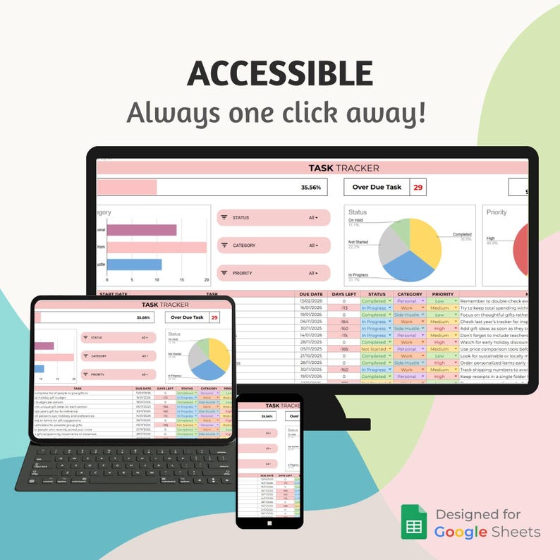 May include: A digital task tracker displayed on a laptop, desktop monitor, and smartphone. The screens show a spreadsheet with charts and data. The text "ACCESSIBLE Always one click away!" is at the top. The Google Sheets logo is at the bottom.