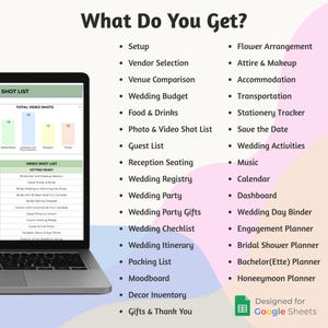 Op de afbeelding: Een laptop toont een checklist voor het plannen van een bruiloft, met onderwerpen als leveranciersselectie en budget. De tekst "What Do You Get?" staat bovenaan, met een Google Sheets logo onderaan.