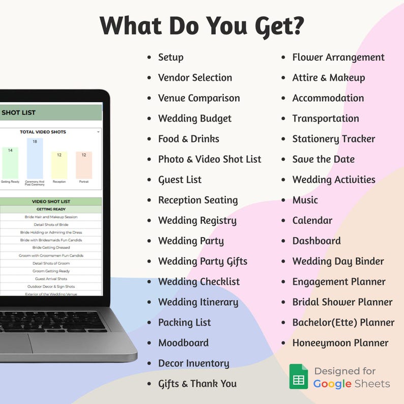 Op de afbeelding: Een laptop toont een checklist voor het plannen van een bruiloft, met onderwerpen als leveranciersselectie en budget. De tekst "What Do You Get?" staat bovenaan, met een Google Sheets logo onderaan.