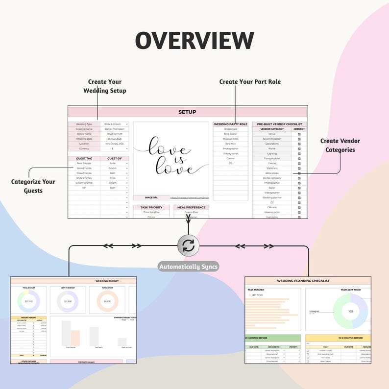 Op de afbeelding: Een overzicht van een spreadsheet voor het plannen van een bruiloft met secties voor instellingen, gastcategorie&euml;n en leverancierscategorie&euml;n. De tekst "love is love" wordt cursief weergegeven. De spreadsheet bevat grafieken en checklists.