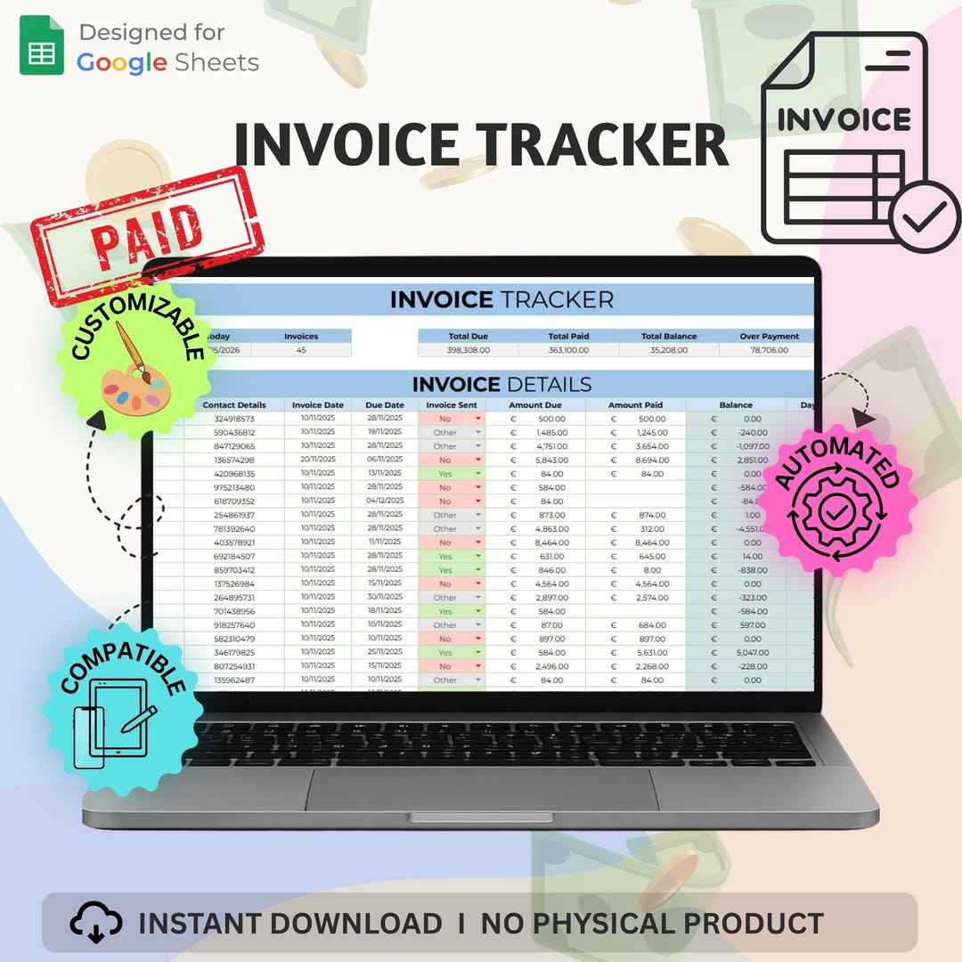 Invoice Tracker Template Google Sheets Excel Digital Download ...