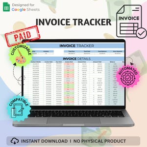 May include: A laptop displays an invoice tracker spreadsheet, with the words "Invoice Tracker" prominently displayed. The screen shows invoice details, amounts due, and paid amounts. The image includes the text "Instant Download | No Physical Product."