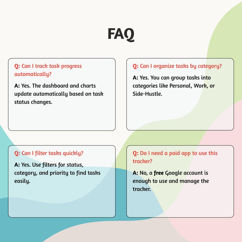 May include: An image titled "FAQ" presents four Q&A sections. Questions cover task management aspects like progress tracking, categorisation, filtering, and app requirements. Answers detail the tracker's functionality and usage.