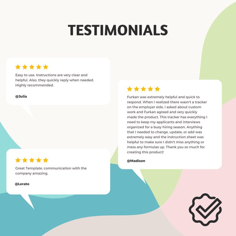 May include: A graphic displaying the word "TESTIMONIALS" above three customer reviews. Each review is in a speech bubble with star ratings. The reviews highlight the product's ease of use, helpfulness, and communication.