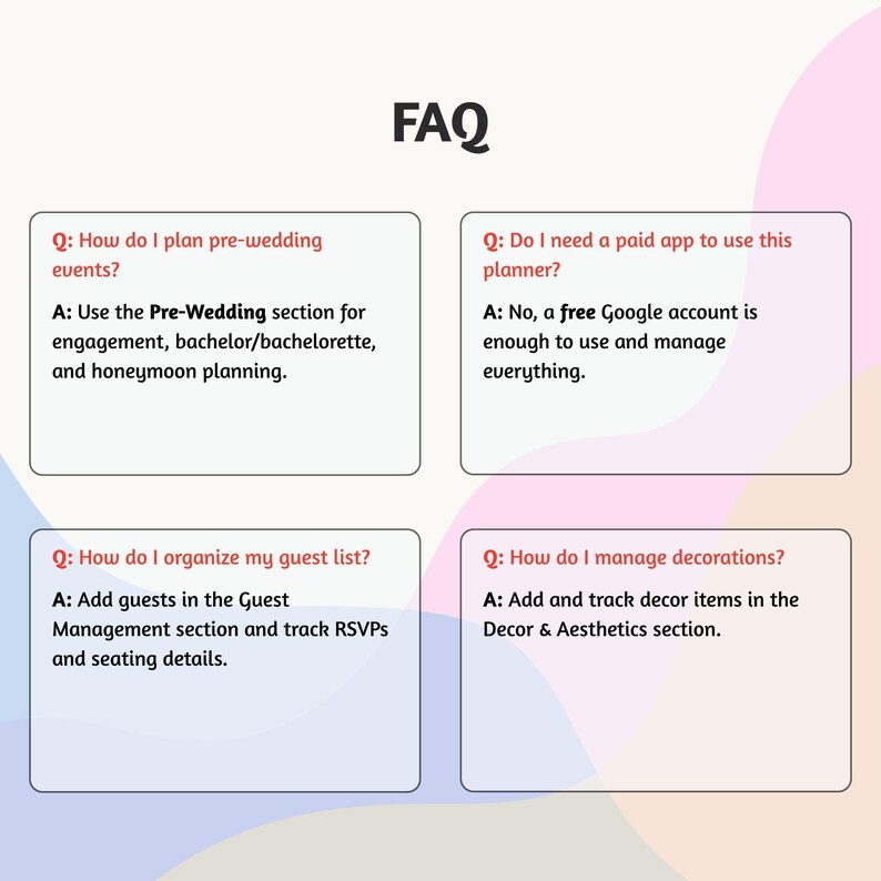 Op de afbeelding: Een afbeelding met het woord "FAQ" bovenaan. Vier witte rechthoekige vakken bevatten vragen en antwoorden over het plannen van een bruiloft. De vragen gaan over het plannen van pre-bruiloft evenementen, het organiseren van een gastenlijst en het beheren van decoraties.