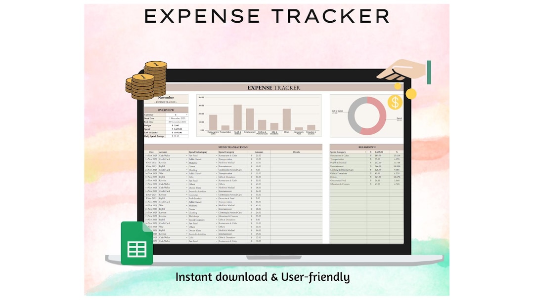 Digital Expense Tracker Spreadsheet for Google Sheets - Budget Planner ...