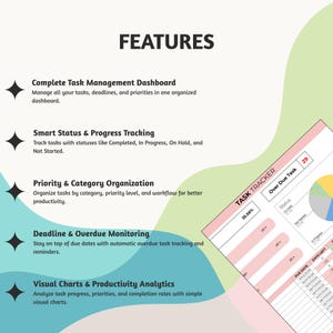 May include: A digital graphic with the word "FEATURES" in bold black text. The image highlights task management features, including a dashboard, progress tracking, and overdue monitoring. A "TASK TRACKER" chart is also visible.