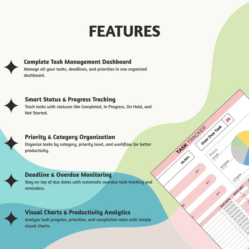 May include: A digital graphic with the word "FEATURES" in bold black text. The image highlights task management features, including a dashboard, progress tracking, and overdue monitoring. A "TASK TRACKER" chart is also visible.