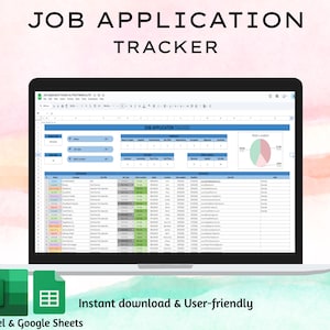 Peut inclure: Un ordinateur portable affiche une feuille de calcul intitulée "Job Application Tracker". L'écran montre un tableau avec des colonnes pour le titre du poste, l'entreprise et le statut de la candidature. L'image comprend le texte "Instant download & User-friendly" et des icônes pour Excel et Google Sheets.