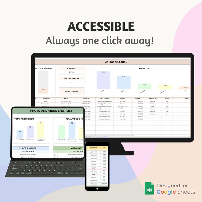 Op de afbeelding: Een digitale weergave van een spreadsheet op een laptop, een desktopmonitor en een smartphone. De schermen tonen gegevens en grafieken met betrekking tot leveranciersselectie en foto/video-opnamelijsten. De tekst "ACCESSIBLE Always one click away!" wordt bovenaan weergegeven.