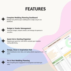 Op de afbeelding: Een digitaal dashboard voor het plannen van bruiloften met het woord "FEATURES" bovenaan. De functies omvatten een compleet dashboard voor het plannen van bruiloften, budget- en leveranciersbeheer, gastenlijst- en zitplaatsorganisator, ontwerp-, decoratie- en inspiratiehub en pre- en post-bruiloftplanning.