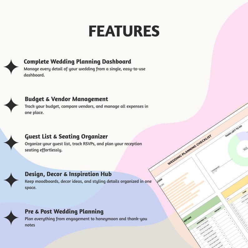 Op de afbeelding: Een digitaal dashboard voor het plannen van bruiloften met het woord "FEATURES" bovenaan. De functies omvatten een compleet dashboard voor het plannen van bruiloften, budget- en leveranciersbeheer, gastenlijst- en zitplaatsorganisator, ontwerp-, decoratie- en inspiratiehub en pre- en post-bruiloftplanning.