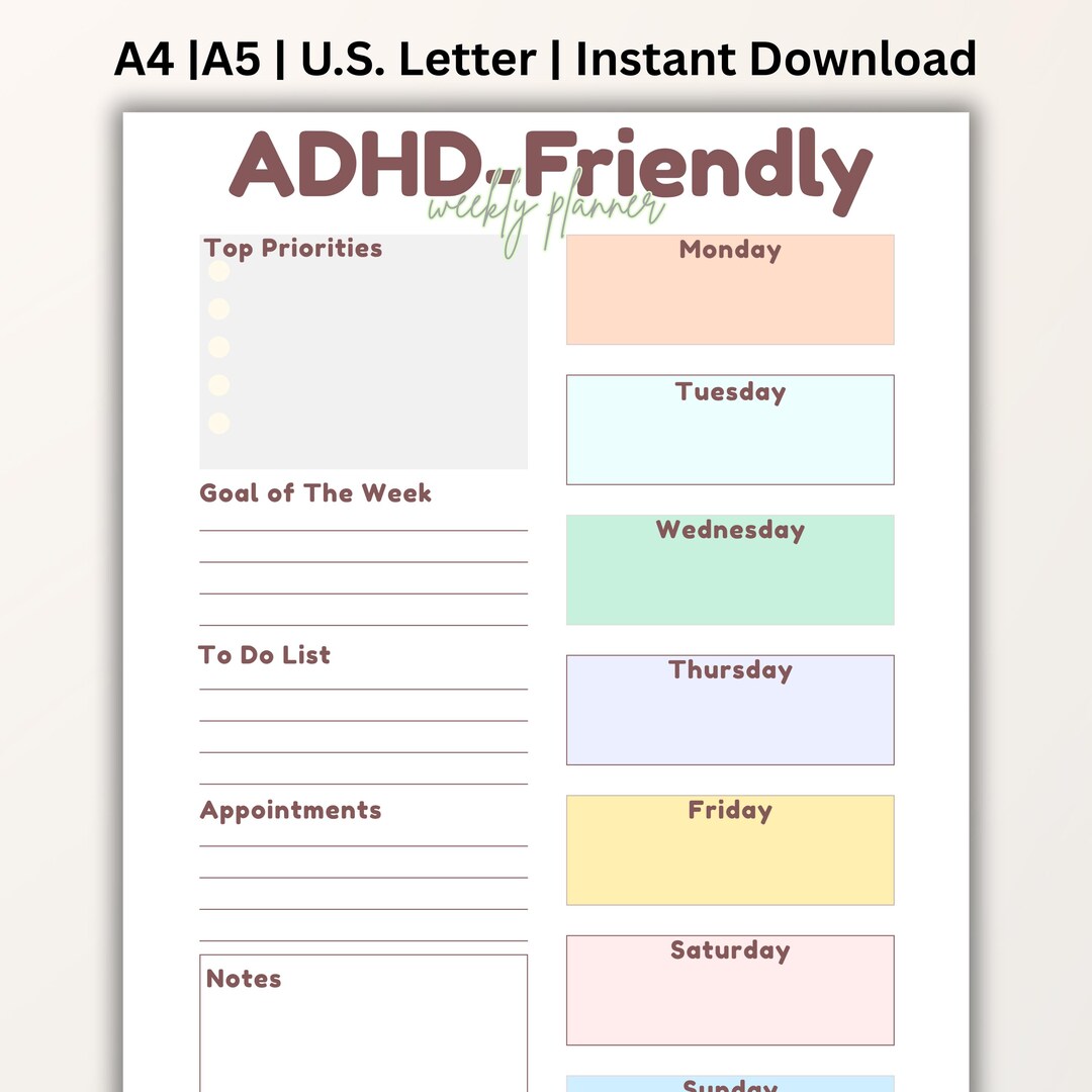 ADHD Weekly Planner Printable, Gentle Weekly Planning for Focus ...