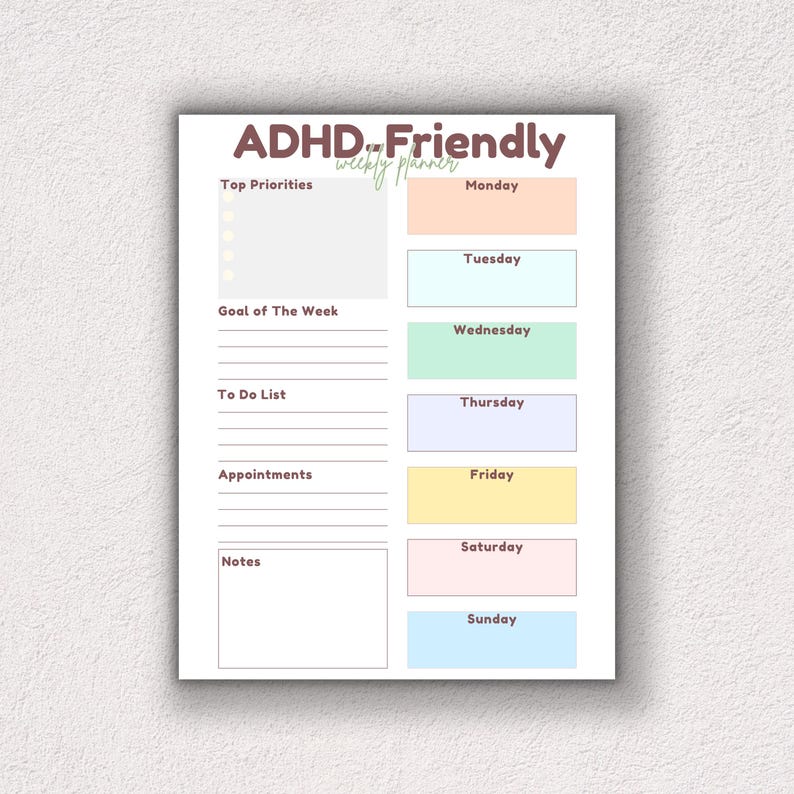 ADHD Weekly Planner Printable, Gentle Weekly Planning for Focus ...