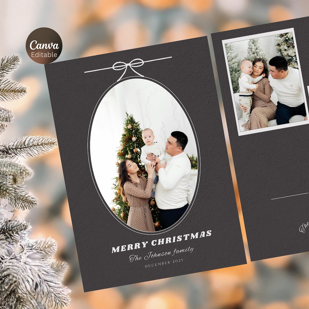 Editable Christmas Card Template 5x7, Black Holiday Photo Card, Modern ...