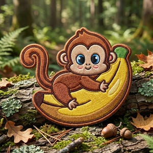 May include: Embroidered patch featuring a cartoon monkey with big blue eyes, hugging a yellow banana. The monkey is brown with a light brown face and a pink blush. The patch is set against a natural forest backdrop.