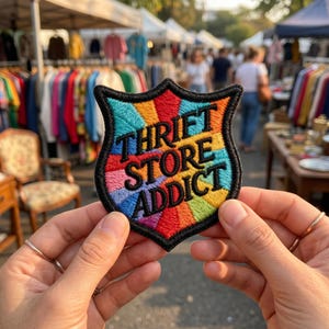 May include: A colorful embroidered patch in a shield shape with the words "THRIFT STORE ADDICT" in black. The patch features a rainbow design with blue, green, yellow, orange, and red segments. The patch is held up in front of a blurred background of a market.
