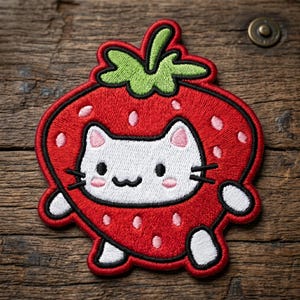 May include: Embroidered patch featuring a white cat wearing a strawberry costume. The strawberry is red with white seeds and a green stem. The cat has pink ears and a black outline. The patch is approximately 3 inches wide.