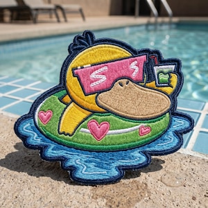May include: Embroidered patch featuring a yellow duck wearing pink sunglasses with the letter "S" on them, floating in a green and blue inner tube. The duck is holding a drink and is surrounded by water. Pink hearts are on the inner tube.