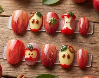Red Apple Press On Nails | 3D Sliced Fruit Fake Nails in Short Coffin | Handmade Quirky Autumn Nail Art