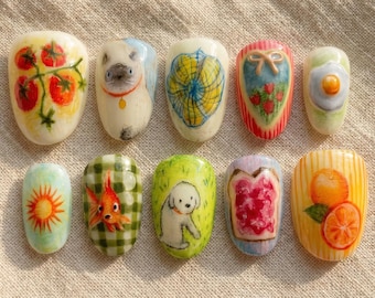 Kawaii Mismatched Press On Nails  3D Quirky Animal Food Short Oval Fake Nails  Cute Handmade Nail Art
