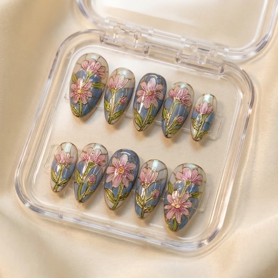 Press On Nails 3D Floral Art Nouveau | Spring Flower Garden Almond Fake Nails | Handmade Gold Nail Art for Party, Vacation, Gift