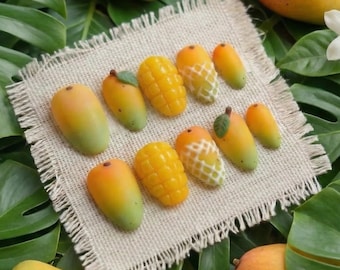 Yellow Mango and Fruit Netting Press On Nails  3D Diced Mango Fake Nails in Short Almond  Handmade Cute Summer Tropical Nail Art