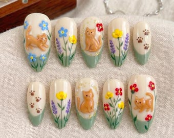 3D Orange Cat and Floral Press On Nails | Cute Kitty Paw Print Fake Nails in Short Almond | Handmade Cottagecore Nail Art