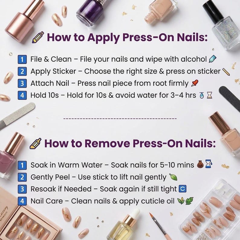 May include: A guide on how to apply and remove press-on nails. The image shows steps with text and icons, including filing, applying stickers, attaching nails, and soaking in warm water. Nail polish bottles and nail tools are also visible.