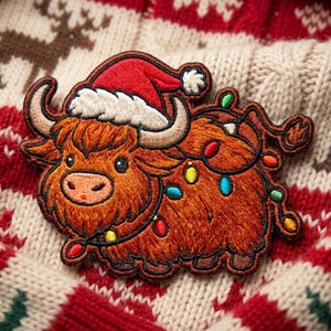 May include: An embroidered patch featuring a brown Highland cow wearing a red and white Santa hat, tangled in a string of colorful Christmas lights. The cow has long curved horns, a shaggy coat, and a friendly expression with black eyes.
