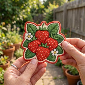 May include: Embroidered patch featuring a cluster of five red strawberries with green leaves and white flowers. The patch has a cream-colored background and a red border. The design is detailed and appears to be hand-stitched, perfect for adding to clothing or accessories.