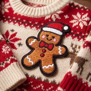May include: A cream and red knit sweater featuring a repeating snowflake and reindeer pattern, adorned with a large embroidered gingerbread man patch wearing a red Santa hat and a red bow tie with pink cheeks.