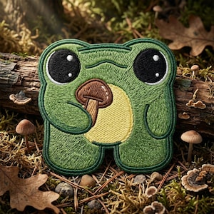 May include: Embroidered patch featuring a cartoon frog holding a mushroom. The frog is green with large black eyes and a yellow belly. The mushroom is brown with a tan stem. The patch is surrounded by a forest floor setting with mushrooms and leaves.